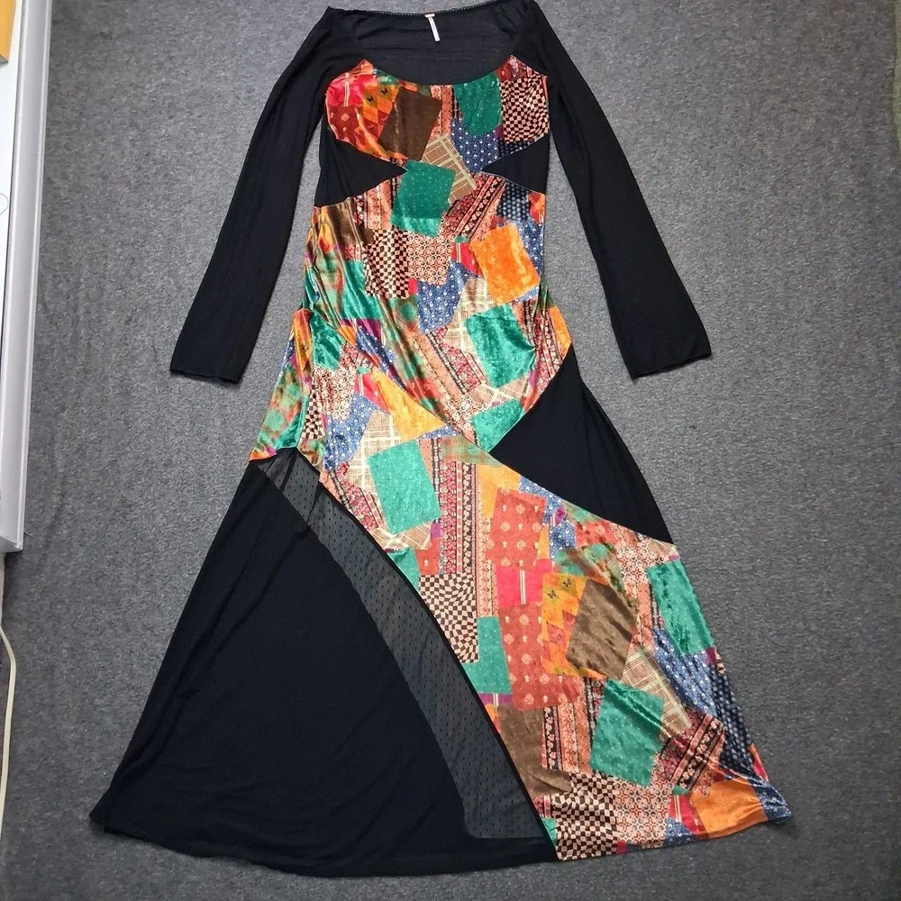 Free People Parker Patchwork Maxi Dress Sz L Sheer Back Velvet Boho Chic